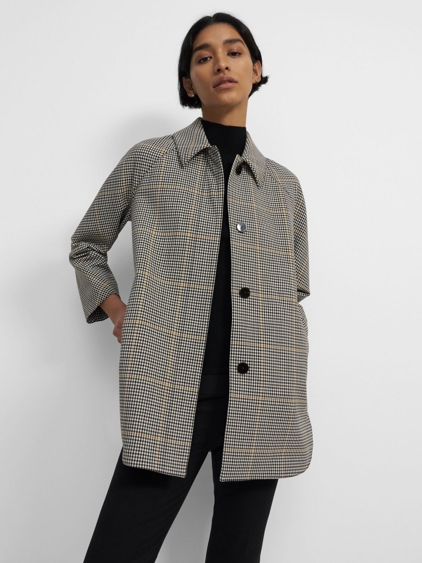 Theory Car Coat Jacket In Plaid Wool Gingham Print Preppy Old Money Size Medium